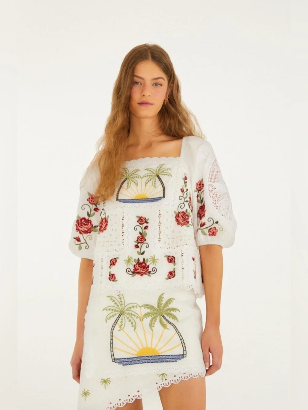 FARM RIO Off-White Tropi Scarf Embroidered Organic Cotton Blouse